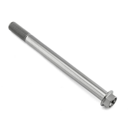 Flanged hex head titanium bolt in natural finish, measuring M10 x 1.25mm x 125mm, featuring a smooth shaft and defined threading for secure fastening.