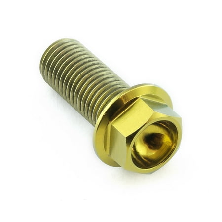Flanged hex head titanium bolt in gold, measuring M10 x 1.25mm x 25mm with a 23mm length, featuring a shiny finish and prominent threading.