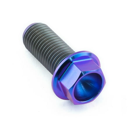 Flanged hex head titanium bolt in purple, measuring M10 x 1.25mm x 25mm with a 23mm length, featuring a smooth, shiny finish and distinct threading.