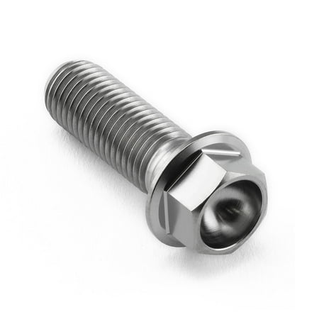 Flanged hex head titanium bolt in natural finish, M10 size, 30mm length with 28mm thread length, featuring a smooth, shiny surface and a six-sided head for easy installation.