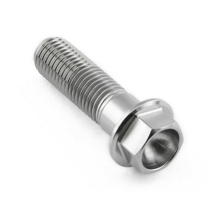 Flanged hex head titanium bolt, M10 size, 1.25mm thread pitch, 35mm length with a 23mm flange diameter, featuring a shiny natural finish and prominent threading.