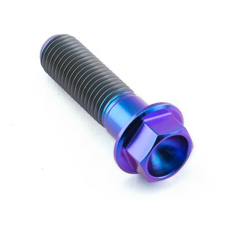 Flanged hex head titanium bolt in purple, measuring M10 x 1.25mm x 35mm, featuring a shiny finish and distinct threading along the shaft.