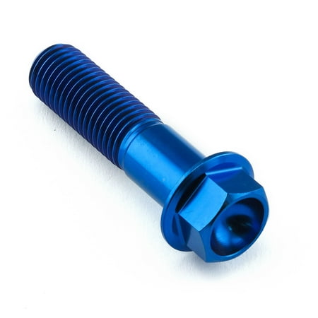Blue titanium flanged hex head bolt, M10 size, 1.25mm thread pitch, 40mm length with a 23mm flange, featuring a shiny, smooth finish and deep hexagonal socket.