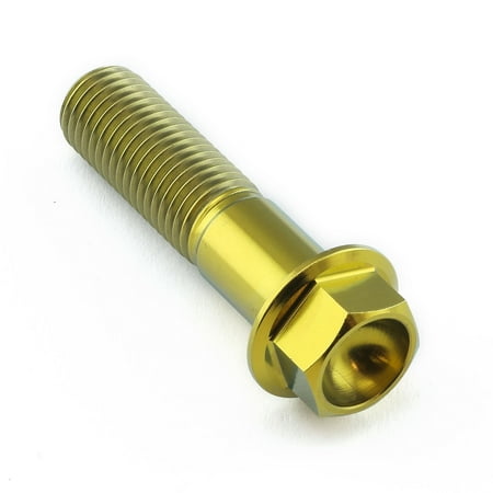Gold titanium flanged hex head bolt, M10 size, with a 1.25mm thread pitch and 40mm length, featuring a smooth finish and prominent hexagonal head for easy installation.