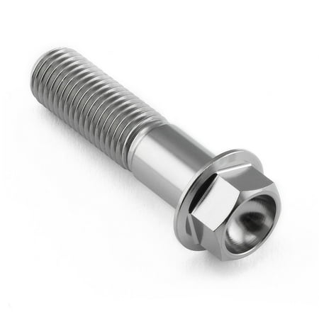 Flanged hex head titanium bolt in natural finish, M10 size, 1.25mm thread pitch, 40mm length, featuring a smooth shaft and a hexagonal head for easy installation.