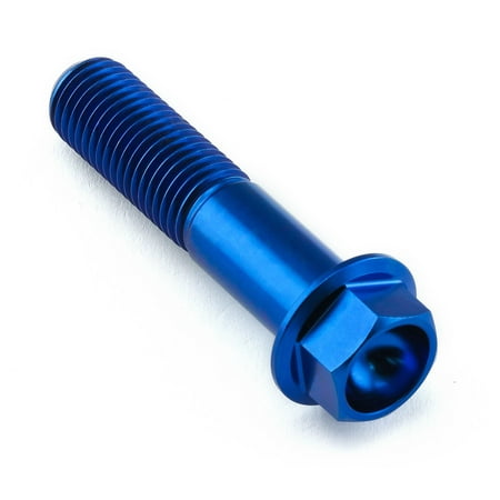 Flanged hex head titanium bolt in blue, measuring M10 X 1.25mm X 45mm with a 27mm flange, featuring a smooth finish and deep socket for easy installation.