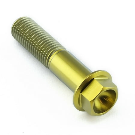Flanged hex head titanium bolt in gold, measuring M10 x 1.25mm x 45mm with a 27mm flange, featuring a smooth, shiny finish and detailed threading.
