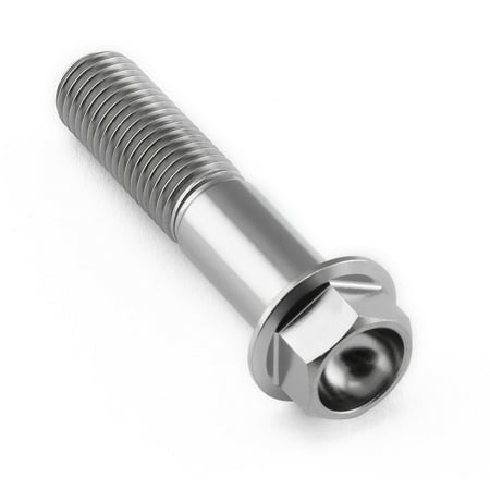 Flanged hex head titanium bolt in natural finish, M10 size, 1.25mm thread pitch, 45mm length with a 27mm flange diameter, showcasing a sleek, metallic appearance.