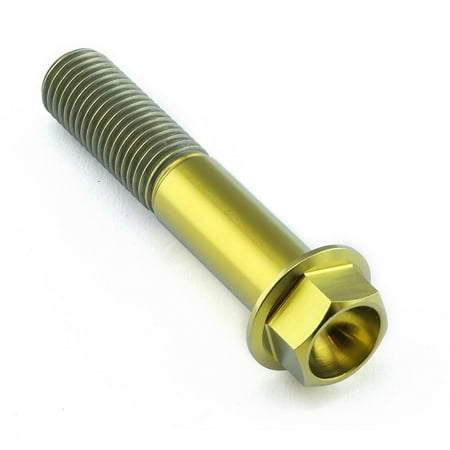Flanged hex head titanium bolt in gold, measuring M10 x 1.25mm x 50mm with a 27mm flange, featuring a smooth, shiny finish and distinct threaded shaft.