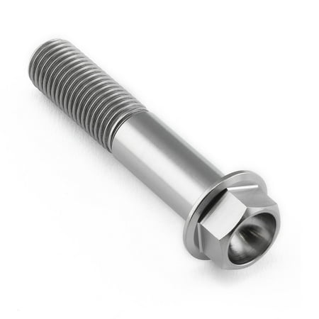 Flanged hex head titanium bolt in natural finish, measuring M10 x 1.25mm x 50mm with a 27mm flange, featuring a smooth shaft and prominent hexagonal head.