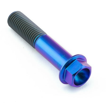 Flanged hex head titanium bolt in purple and blue gradient, measuring M10 x 1.25mm x 50mm with a 27mm flange, featuring a smooth, shiny finish and deep hex socket.