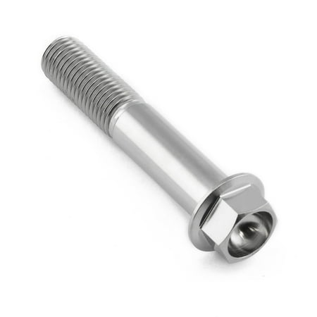 Flanged hex head titanium bolt in natural finish, M10 size, 1.25mm thread pitch, 55mm length with a 22mm diameter head, featuring a smooth, shiny surface.