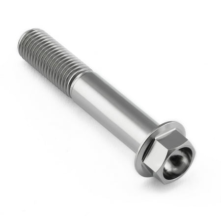 Flanged hex head titanium bolt in natural finish, measuring M10 x 1.25mm x 57mm with a 24mm flange, featuring a smooth, shiny surface and threaded shaft.