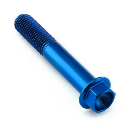 Flanged hex head titanium bolt in vibrant blue, measuring M10 x 1.25mm x 60mm with a 27mm flange, featuring a smooth finish and deep threads for secure fastening.