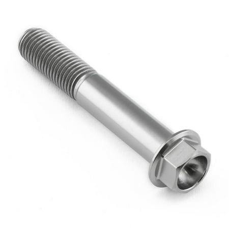 Flanged hex head titanium bolt in natural finish, M10 size, 1.25mm thread pitch, 60mm length with a 27mm flange diameter, featuring a smooth, shiny surface.