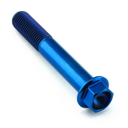 Flanged hex head titanium bolt in vibrant blue, measuring M10 X 1.25mm X 65mm with a 27mm flange, showcasing a smooth finish and threaded shaft.