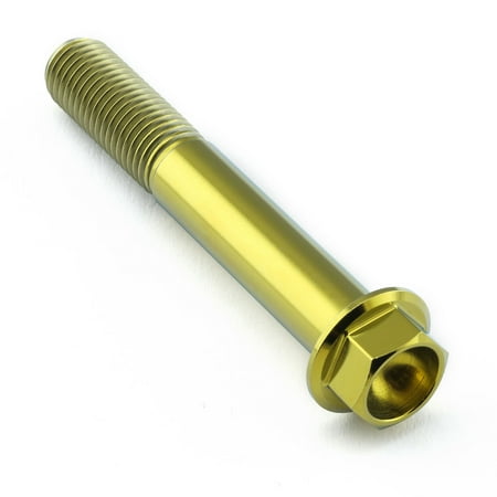 Gold titanium flanged hex head bolt, M10 size, measuring 65mm in length with a 1.25mm thread pitch, featuring a shiny, durable finish.