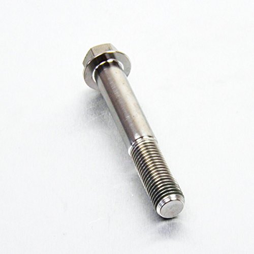 Flanged hex head titanium bolt in natural finish, measuring M10 x 1.25mm x 65mm with a 27mm flange, showcasing a sleek, metallic appearance and threaded shaft.