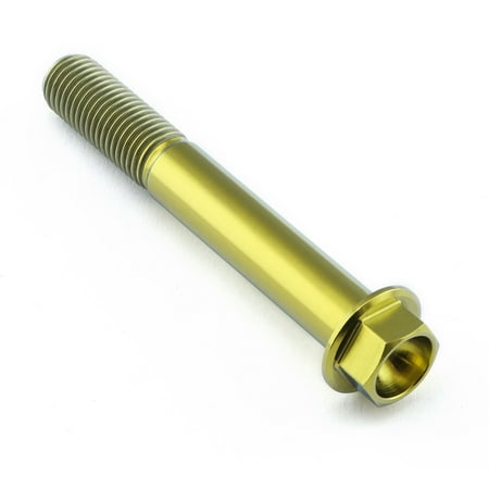 Flanged hex head titanium bolt in gold, measuring M10 x 1.25mm x 70mm, featuring a smooth, shiny finish and distinct threading along the shaft.