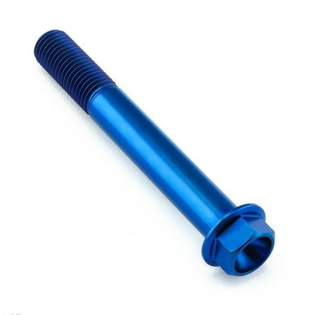 Flanged hex head titanium bolt in vibrant blue, measuring M10 x 1.25mm x 75mm, featuring a smooth shaft and a wide flange for secure fastening.