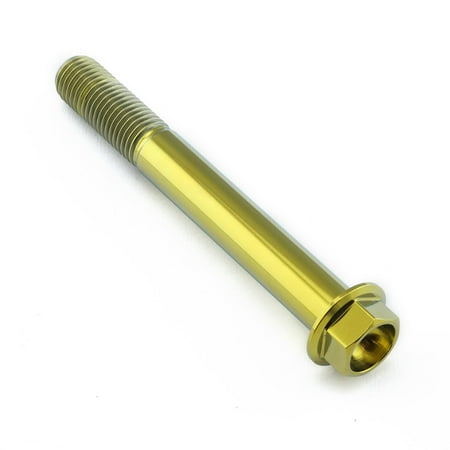 Gold titanium flanged hex head bolt, M10 size, 1.25mm thread pitch, 80mm length with a 23mm flange, featuring a shiny metallic finish.