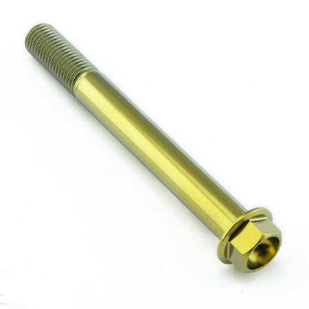 Gold titanium flanged hex head bolt, M10 size with a thread pitch of 1.25mm and length of 90mm, featuring a smooth, shiny finish and a hexagonal head for easy installation.