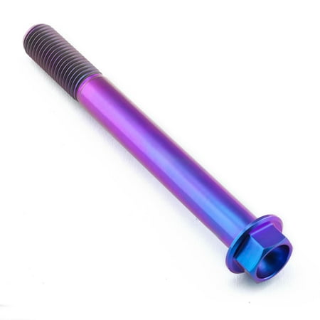 Flanged hex head titanium bolt in vibrant purple, measuring M10 x 1.25mm x 90mm, featuring a smooth finish and distinct threading.