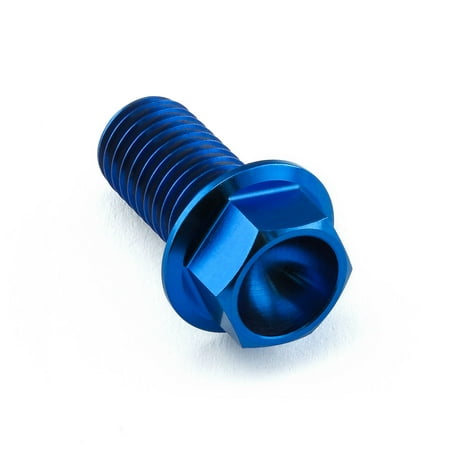 Flanged hex head titanium bolt in blue, measuring M10 x 1.50mm x 20mm, featuring a smooth, polished finish and distinct hexagonal shape for easy installation.