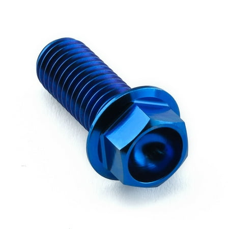 Flanged hex head titanium bolt in vibrant blue, measuring M10 x 1.50mm x 25mm, featuring a smooth finish and deep threading for secure fastening.