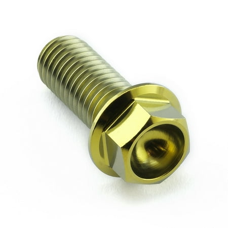 Gold titanium flanged hex head bolt, M10 size, 1.50mm thread pitch, 25mm length, featuring a shiny finish and distinct hexagonal head for easy installation.