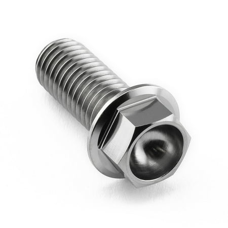 Flanged hex head titanium bolt in natural finish, M10 size, 1.50mm thread pitch, and 25mm length, featuring a shiny metallic surface and distinct hexagonal head design.