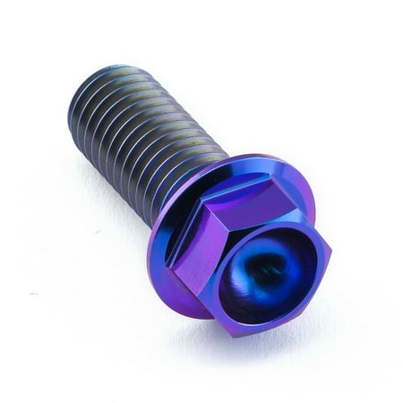 Flanged hex head titanium bolt in purple, measuring M10 x 1.50mm x 25mm, featuring a shiny finish and distinct threading for secure fastening.