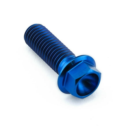 Flanged hex head titanium bolt in blue, measuring M10 x 1.50mm x 30mm, featuring a smooth, shiny finish and prominent threading along the shaft.