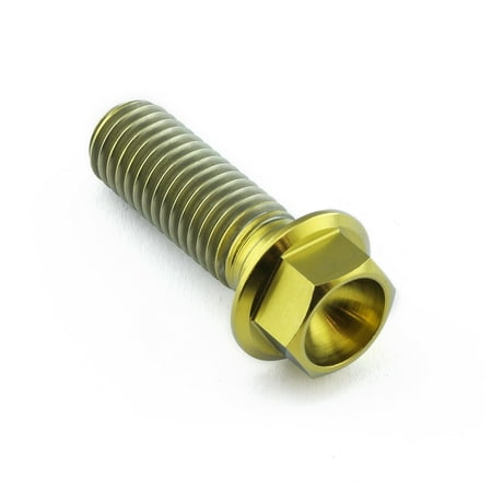 Gold titanium flanged hex head bolt, M10 size, 1.50mm thread pitch, 30mm length, featuring a shiny finish and distinct hexagonal head for easy installation.