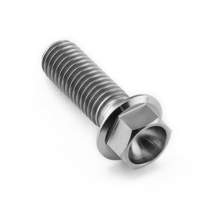Flanged hex head titanium bolt in natural finish, M10 size, 1.50mm thread pitch, and 30mm length, featuring a smooth shaft and a rounded flange for secure fastening.