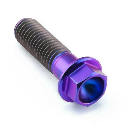 Flanged hex head titanium bolt in purple, measuring M10 x 1.50mm x 35mm, featuring a smooth, shiny finish and distinct threading along the shaft.