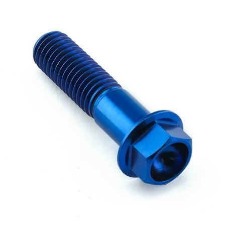 Flanged hex head titanium bolt in blue, measuring M10 x 1.50mm x 40mm, featuring a smooth finish and deep socket for enhanced grip.