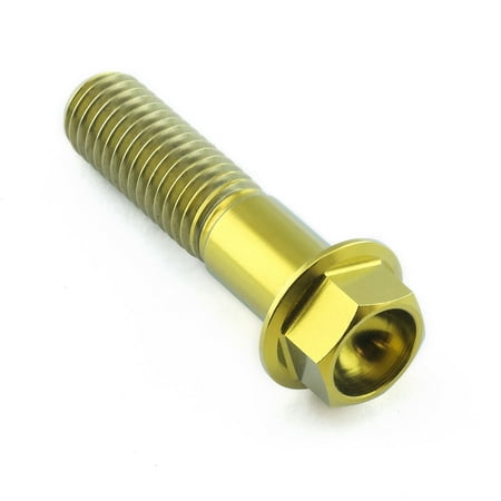 Gold titanium flanged hex head bolt, M10 size with a 1.50mm thread pitch and 40mm length, featuring a shiny finish and visible threading.