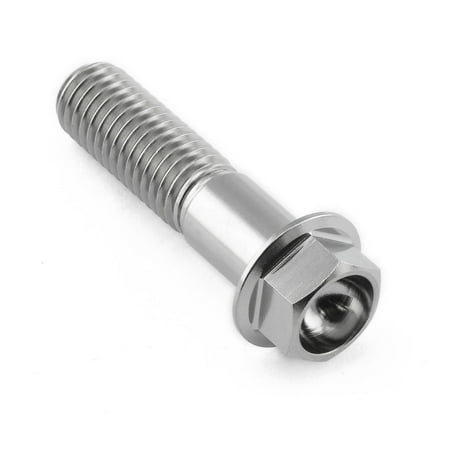Flanged hex head titanium bolt in natural finish, measuring M10 x 1.50mm x 40mm with a 25mm thread length, showcasing a shiny, durable surface and hexagonal head design.