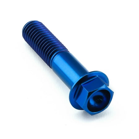 Flanged hex head titanium bolt in blue, measuring M10 x 1.50mm x 45mm, featuring a smooth finish and prominent threading for secure fastening.
