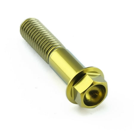 Gold titanium flanged hex head bolt, M10 x 1.50mm x 45mm with a 25mm shaft, featuring a shiny finish and distinct hexagonal head design.