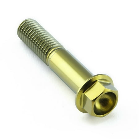 Gold titanium M10 flanged hex head bolt, measuring 1.50mm x 50mm with a smooth, shiny finish and visible threading along the shaft.