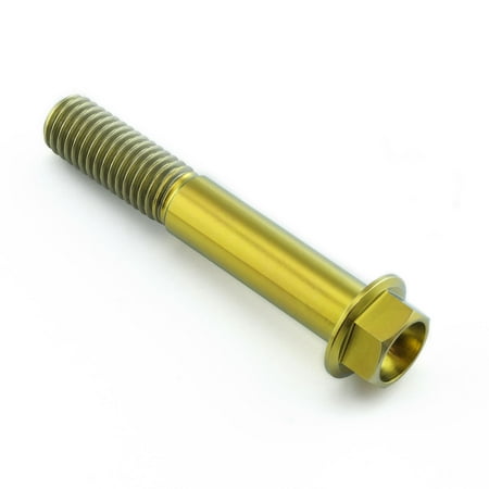 Flanged hex head titanium bolt in gold, measuring M10 x 1.50mm x 60mm with a 25mm flange, featuring a smooth, shiny finish and distinct threading.