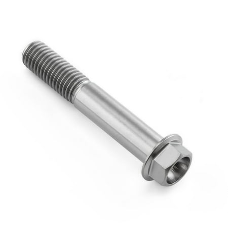Flanged hex head titanium bolt in natural finish, measuring M10 x 1.50mm x 60mm with a 25mm flange, featuring a smooth, shiny surface and threaded shaft.