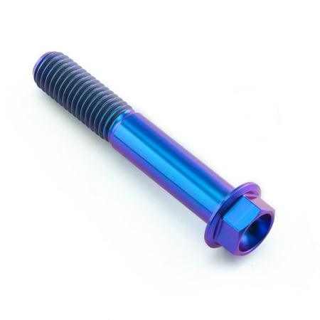 Flanged hex head titanium bolt in vibrant purple and blue, measuring M10 x 1.50mm x 60mm, featuring a smooth finish and threaded shaft.