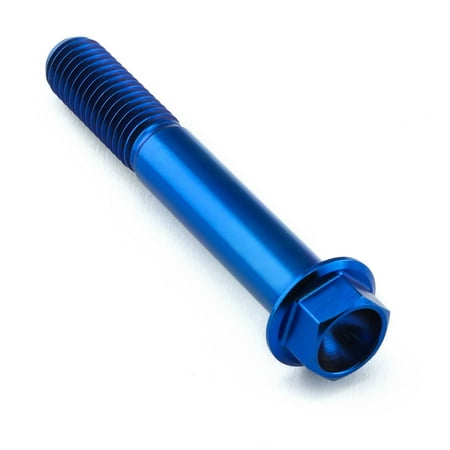 Flanged hex head titanium bolt in blue, measuring M10 x 1.50mm x 65mm, featuring a smooth shaft and a hexagonal socket for easy installation.