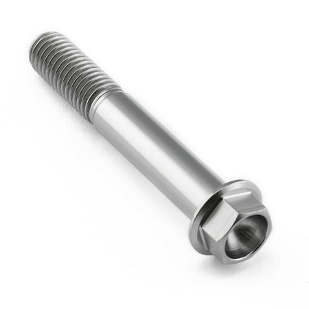 Flanged hex head titanium bolt in natural finish, M10 size, 1.50mm thread pitch, 65mm length, featuring a smooth shaft and hexagonal head for secure fastening.