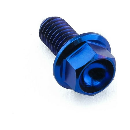 Flanged hex head titanium bolt in blue, measuring M5 x 0.80mm x 10mm, featuring a smooth finish and a robust design for durability and performance.