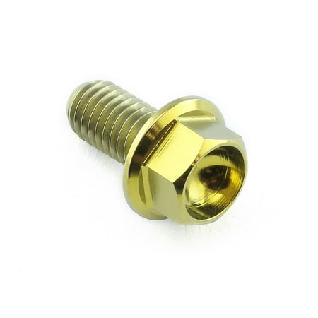 Gold titanium flanged hex head bolt, M5 size, with a 0.80mm thread pitch and 10mm length, featuring a shiny finish and precise hexagonal head for easy installation.