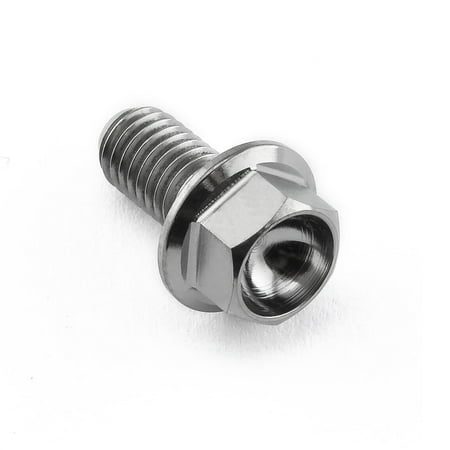 Flanged hex head titanium bolt in natural finish, measuring M5 x 0.80mm x 10mm with an 8mm flange, featuring a threaded shaft and a hexagonal head for easy installation.